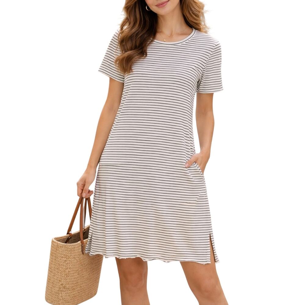 SLSF T-Shirt Dress Sz L White Black Terry Casual Chic Slits Pockets Beach Summer